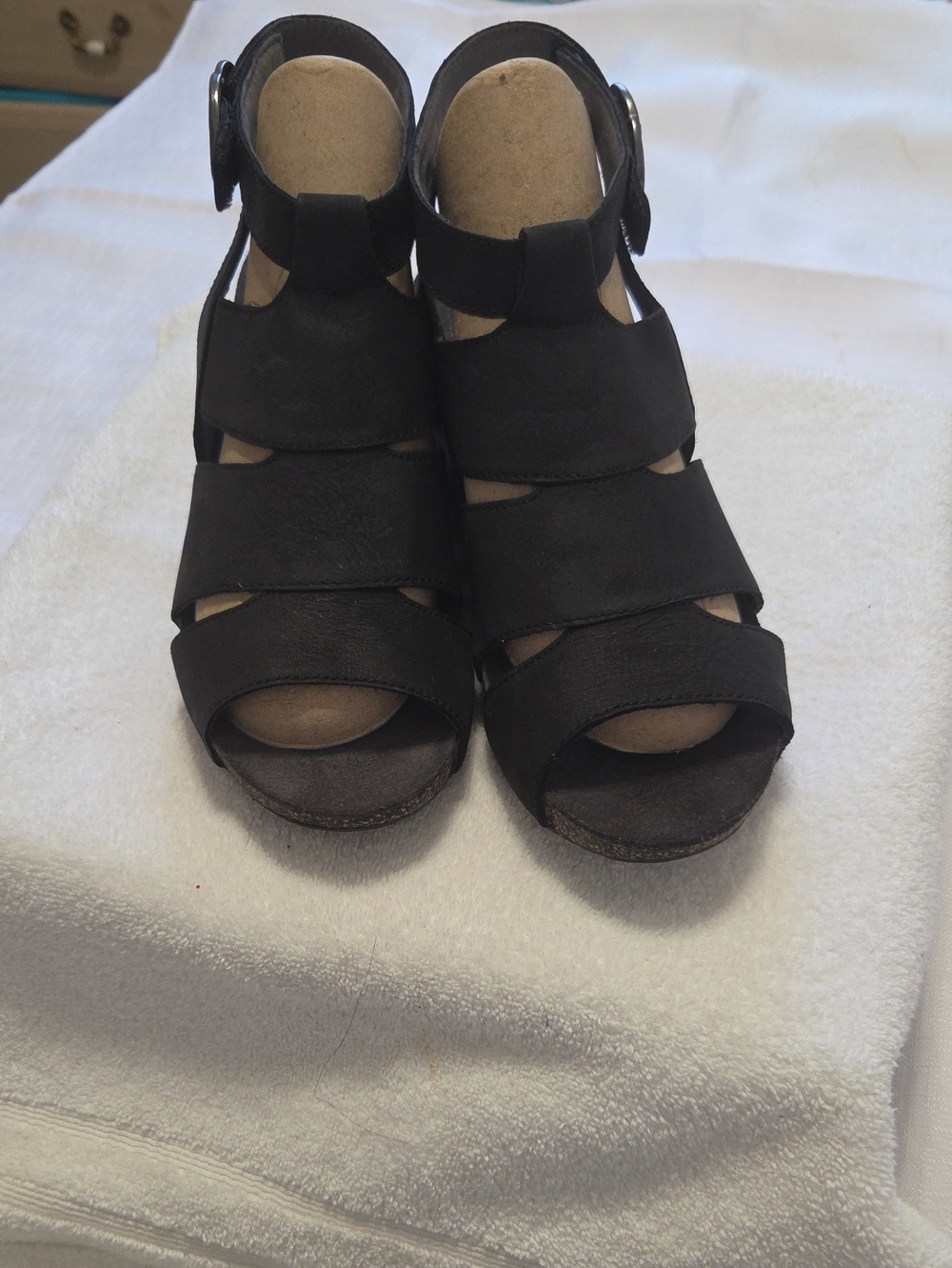Dansko Black Leather Strappy Wedge Sandals